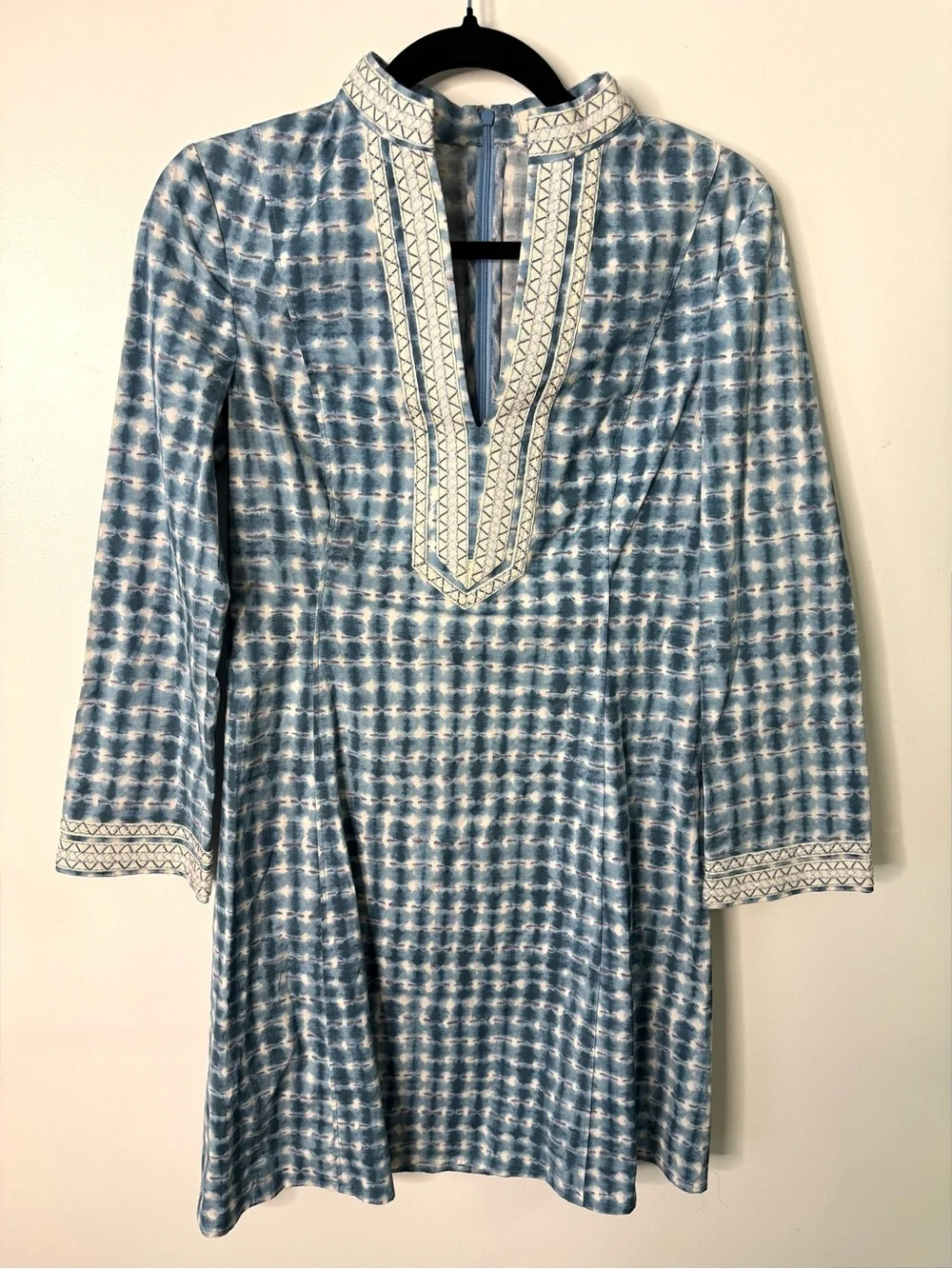 Tory Burch Light Pool Blue Embroidered Long Sleeve Tunic Resort Dress